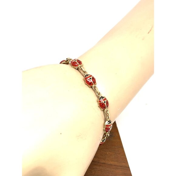 Red Lady Bug Bracelet 14k Yellow Gold Chain Women's 6.5'' Wrist Estate Jewelry - Picture 7 of 13